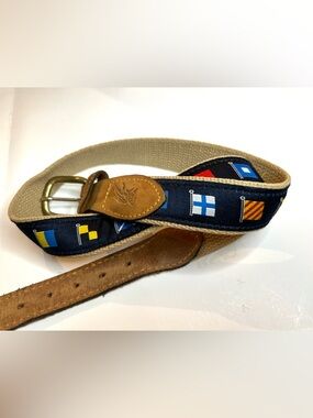 Navy Signal Flag Webbing Belt with Brown Leather Accents
